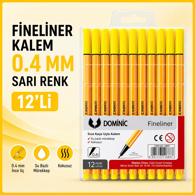 Fineliner Tükenmez Kalem 0.4 Mm Sarı Renk 12'Li