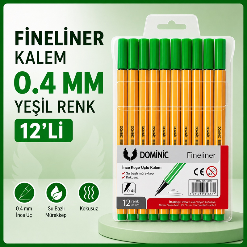 Fineliner Tükenmez Kalem 0.4 Mm Yeşil Renk 12'Li