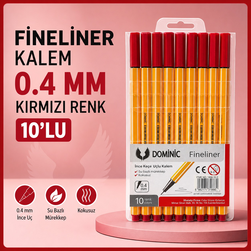 Fineliner Tükenmez Kalem 0.4 Mm Kırmızı Renk 10'Lu