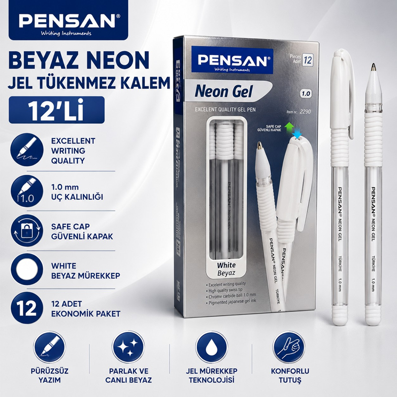 Pensan Beyaz Neon Jel Tükenmez Kalem 12'Li