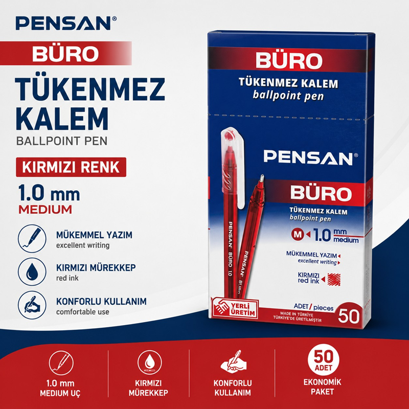 Pensan Büro Tükenmez Kalem Kırmızı Renk 1.0 Mm 50'Li