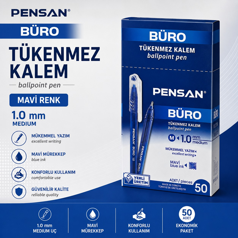Pensan Büro Tükenmez Kalem Mavi Renk 1.0 Mm 50'Li