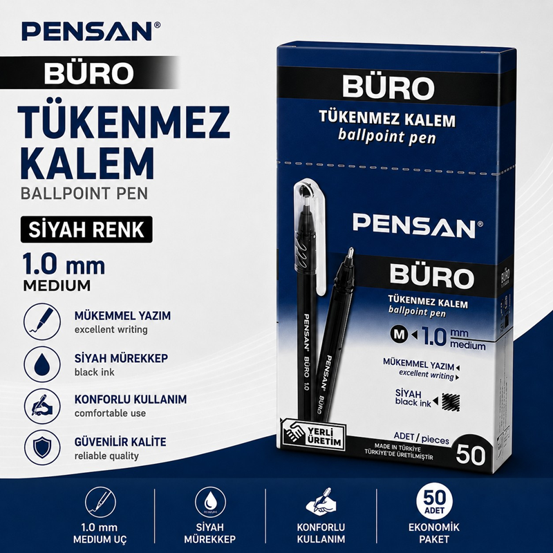 Pensan Büro Tükenmez Kalem Siyah Renk 1.0 Mm 50'Li