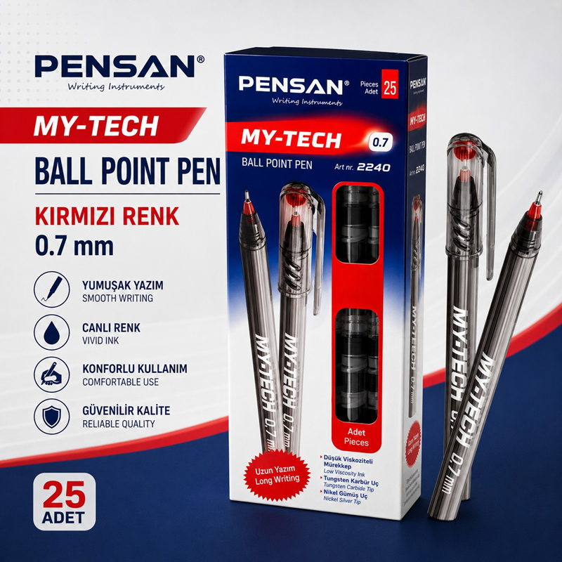 Pensan My-Tech Tükenmez Kalem Kırmızı Renk 25'Li (0.7 Uç)