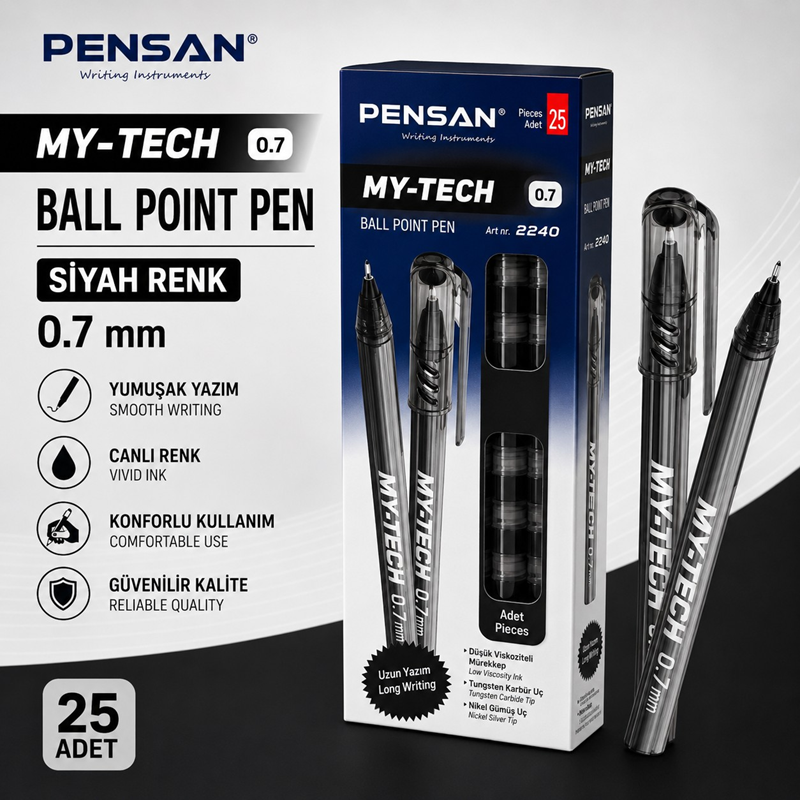 Pensan My-Tech Tükenmez Kalem Siyah Renk 25'Li (0.7 Uç)
