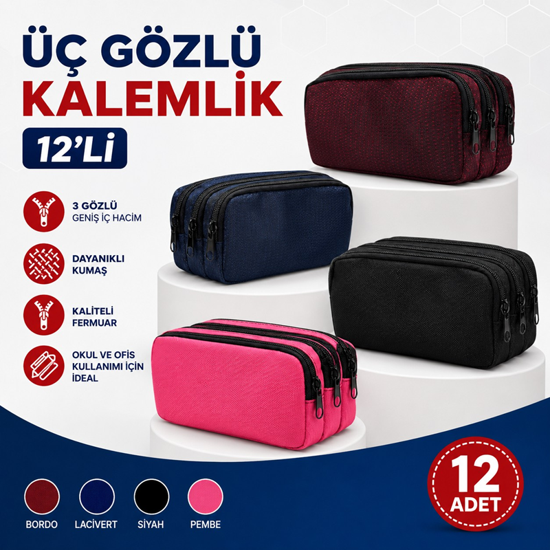 3 Gözlü Fermuarlı Kalemlik 12'Li