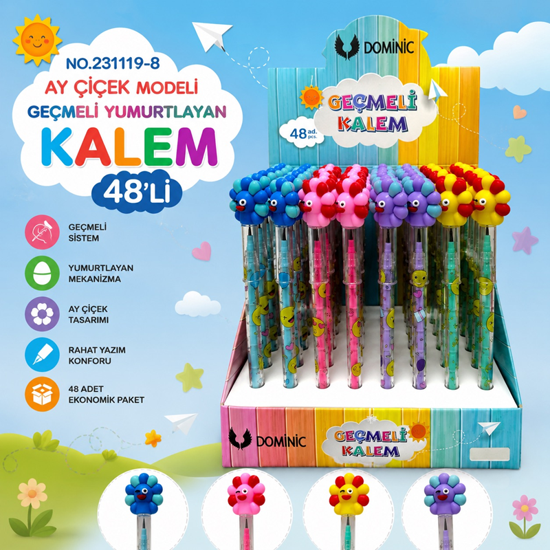 No.231119-8 Ay Çiçek Modeli Geçmeli Yumurtlayan Kalem 48'Li Paket