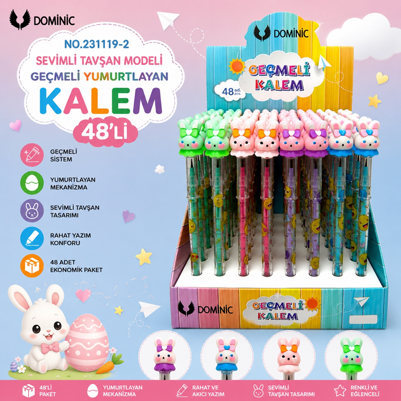 No.231119-2 Sevimli Tavşan Modeli Geçmeli Yumurtlayan Kalem 48'Li Paket