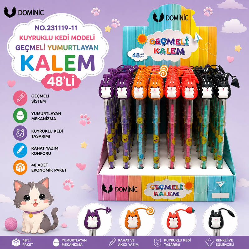 No.231119-11 Kuyruklu Kedi Modeli Geçmeli Yumurtlayan Kalem 48'Li Paket