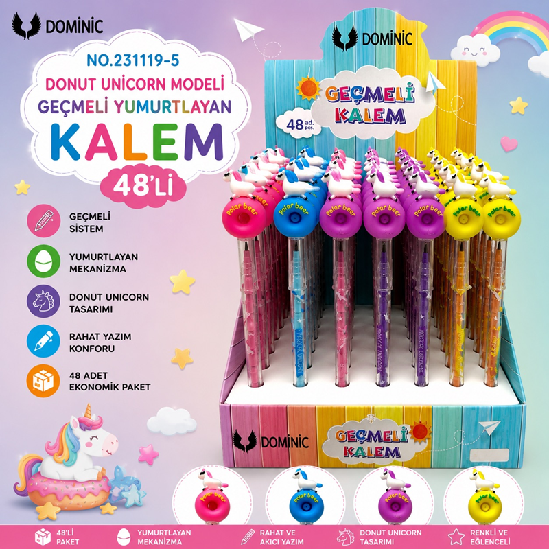 No.231119-5 Donut Unicorn Modeli Geçmeli Yumurtlayan Kalem 48'Li Paket