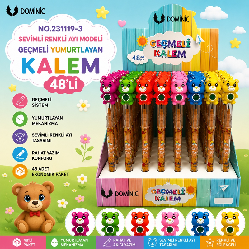 No.231119-3 Sevimli Renkli Ayı Modeli Geçmeli Yumurtlayan Kalem 48'Li Paket