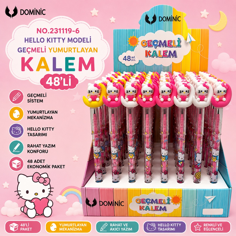 No.231119-6 Hello Kitty Modeli Geçmeli Yumurtlayan Kalem 48'Li Paket