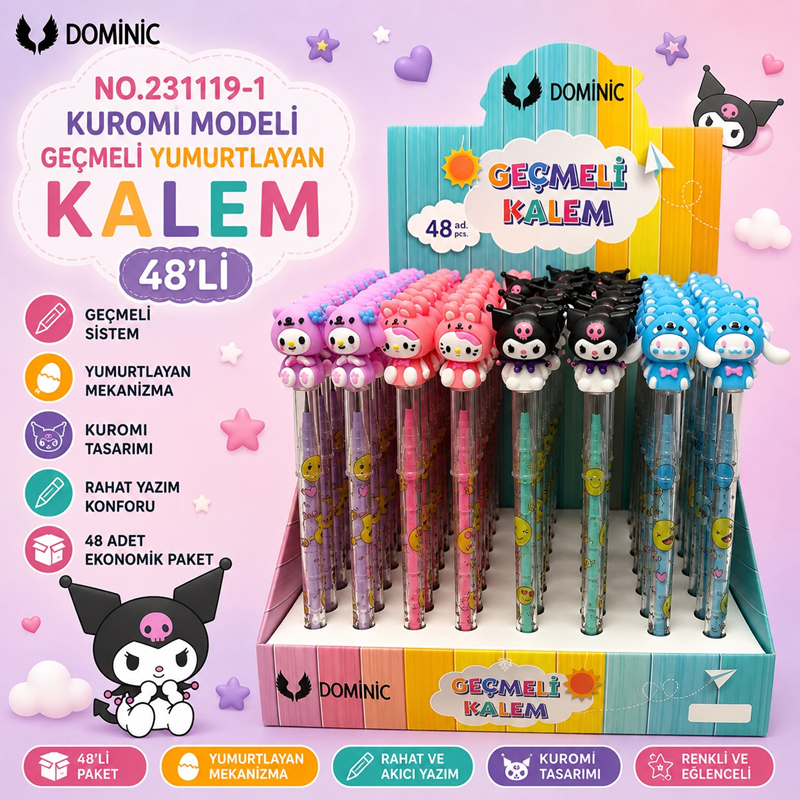 No.231119-1 Kuromi Modeli Geçmeli Yumurtlayan Kalem 48'Li Paket