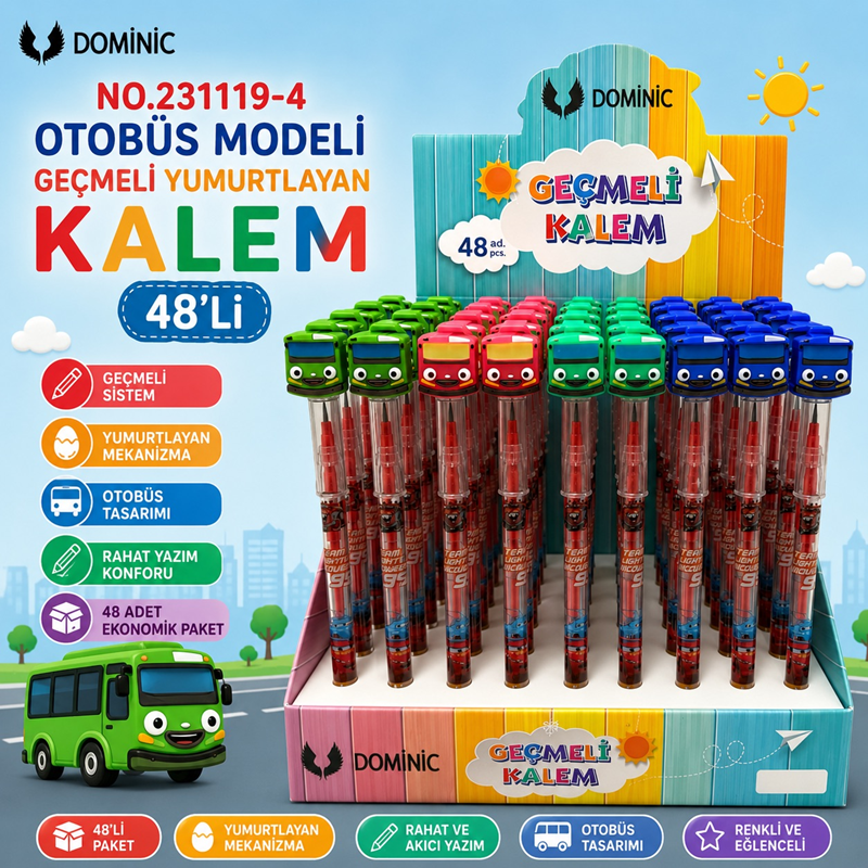 No.231119-4 Otobüs Modeli Geçmeli Yumurtlayan Kalem 48'Li Paket