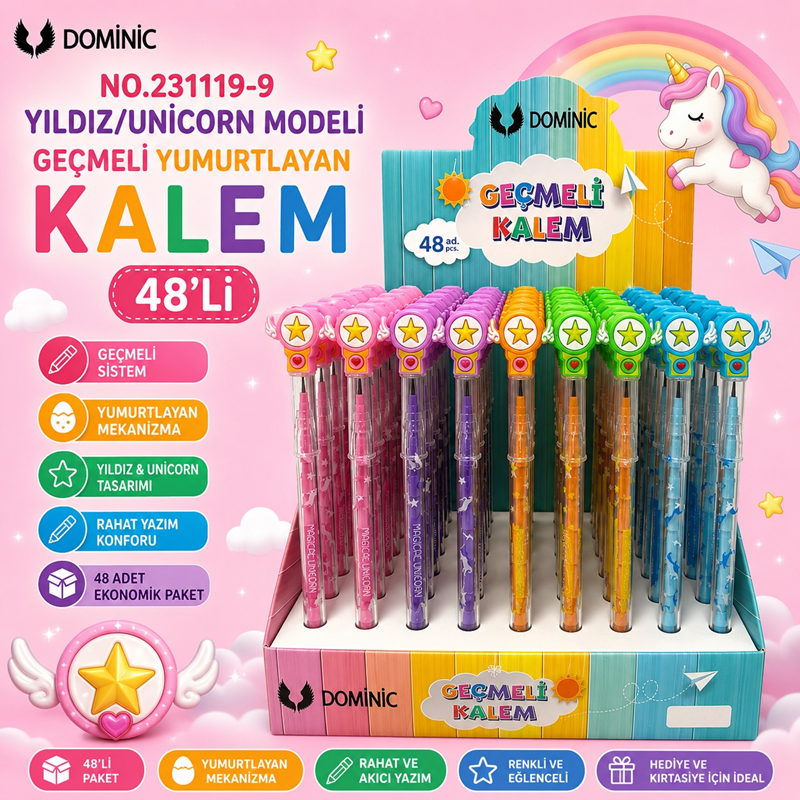 No.231119-9 Yıldız/Unicorn Modeli Geçmeli Yumurtlayan Kalem 48'Li Paket