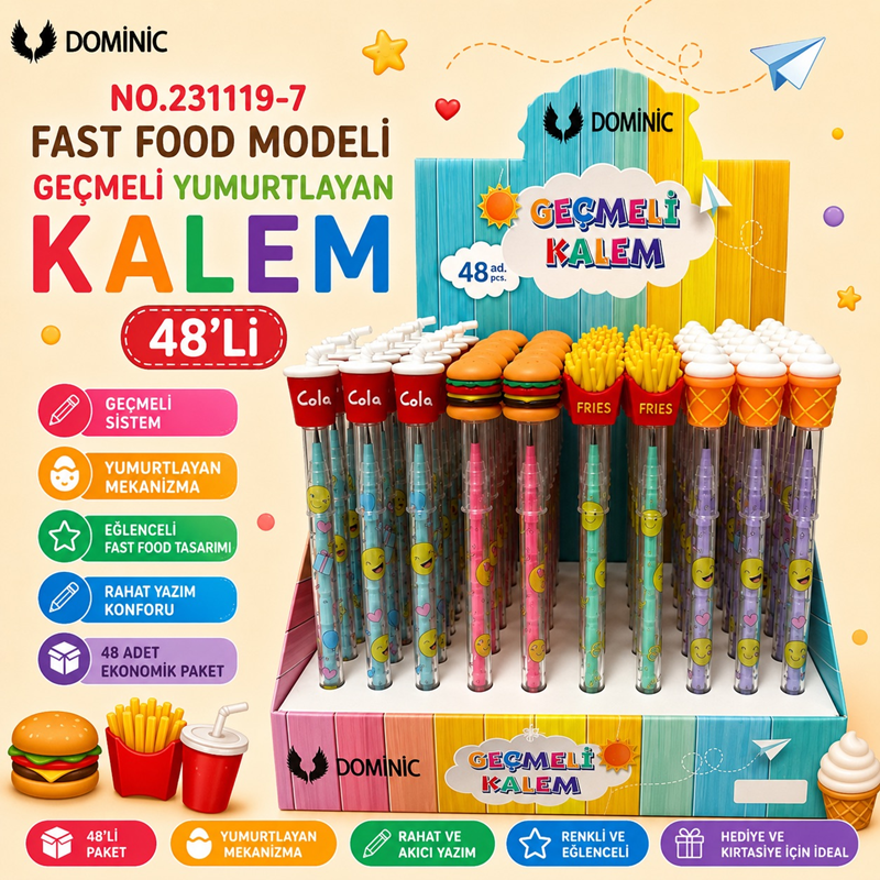 No.231119-7 Fast Food Modeli Geçmeli Yumurtlayan Kalem 48'Li Paket