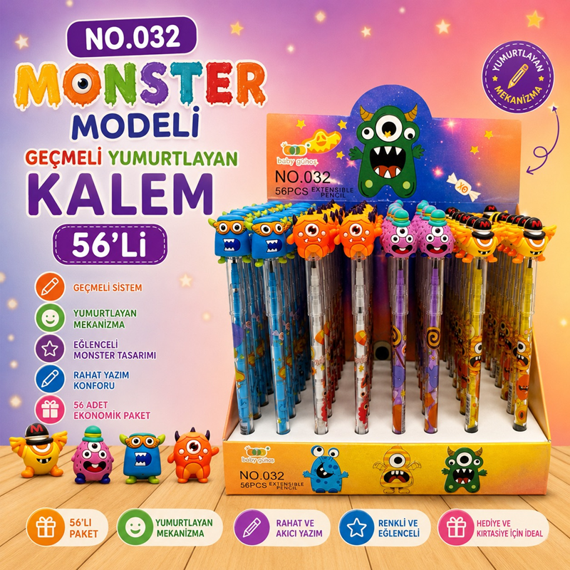 No.032 Monster Modeli Geçmeli Yumurtlayan Kalem 56'Lı Paket