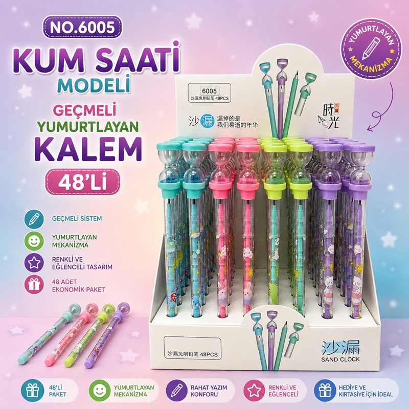 No.6005 Kum Saati Modeli Geçmeli Yumurtlayan Kalem 48'Li Paket