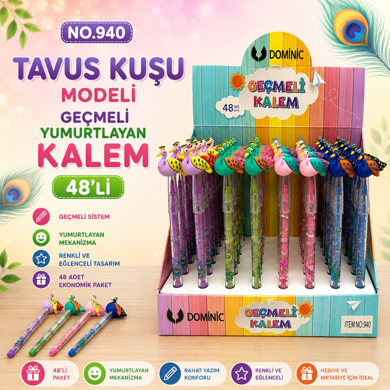 No.940 Tavus Kuşu Modeli Geçmeli Yumurtlayan Kalem 48'Li Paket