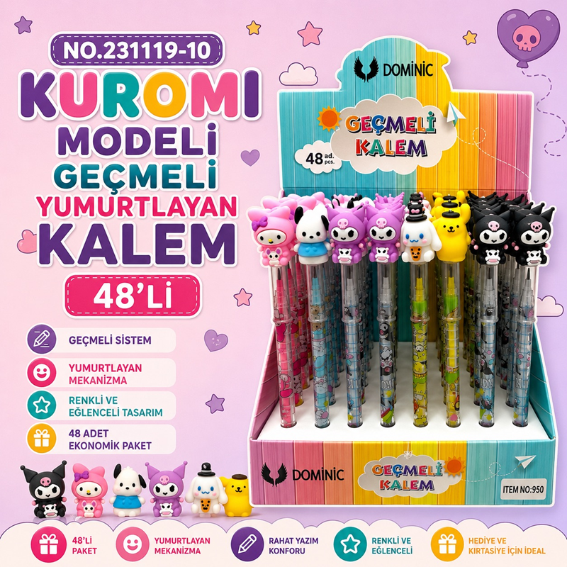 No.231119-10 Kuromi Modeli Geçmeli Yumurtlayan Kalem 48'Li Paket