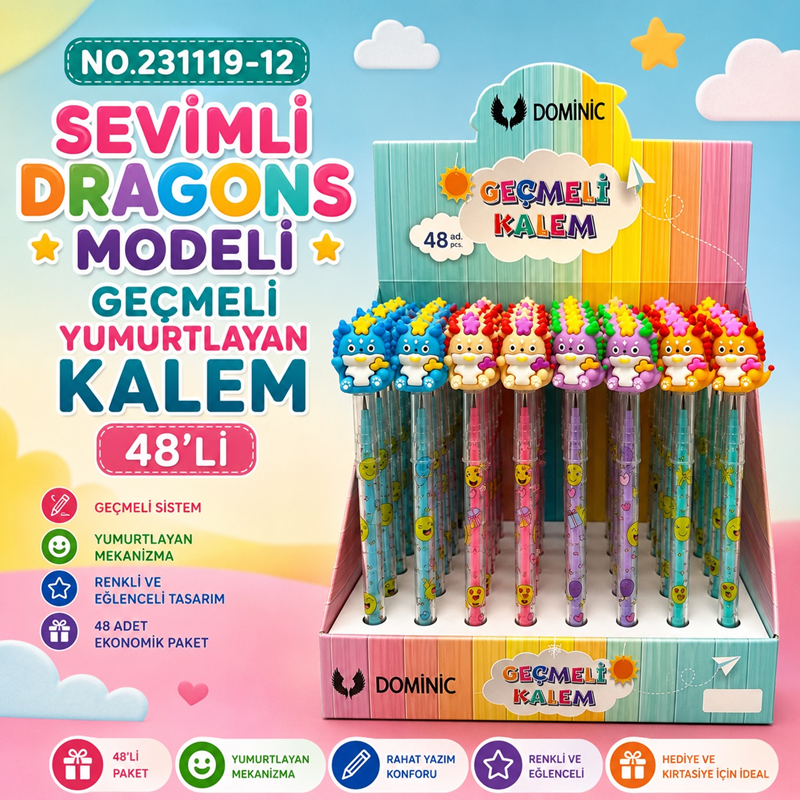 No.231119-12 Sevimli Dragons Modeli Geçmeli Yumurtlayan Kalem 48'Li Paket