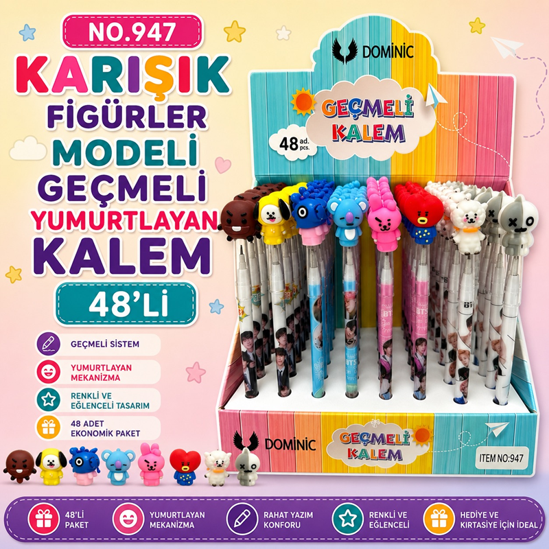 No.947 Karışık Figürler Geçmeli Yumurtlayan Kalem 48'Li Paket