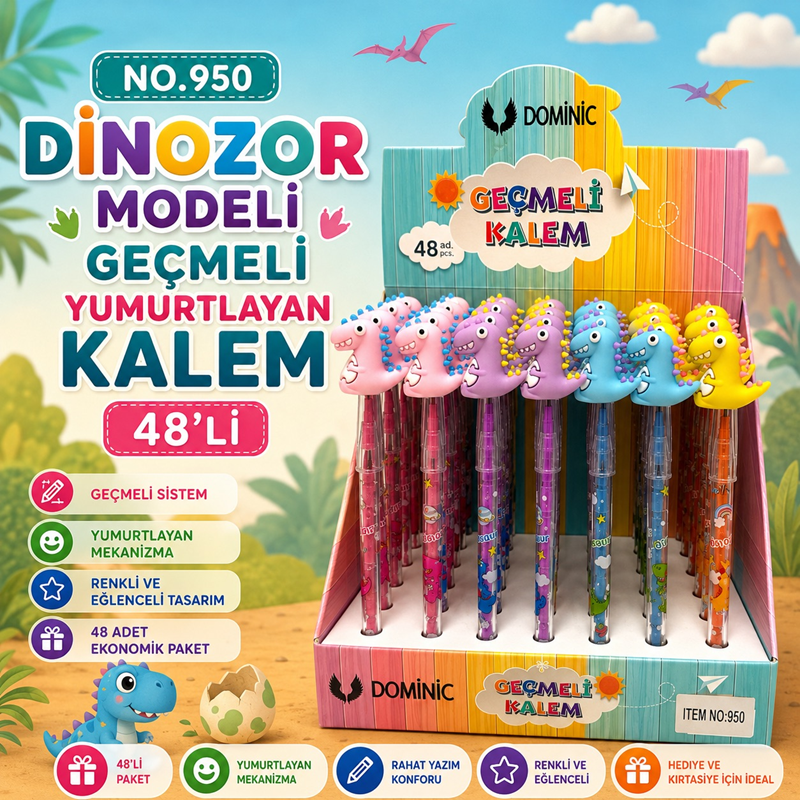 No.950 Dinozor Modeli Geçmeli Yumurtlayan Kalem 48'Li Paket