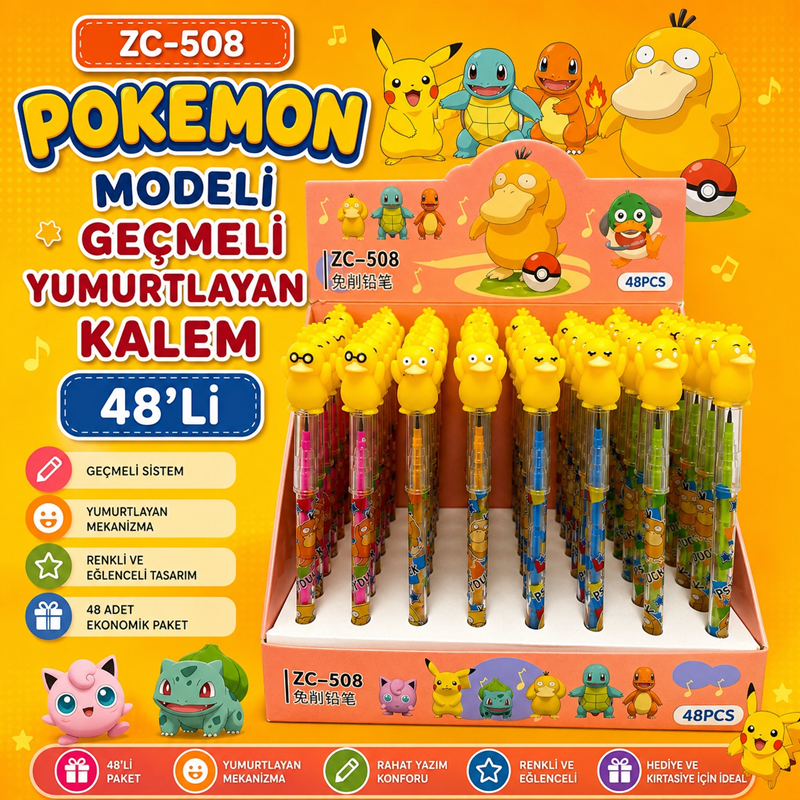 ZC-508 Pokemon Modeli Geçmeli Yumurtlayan Kalem 48'Li Paket