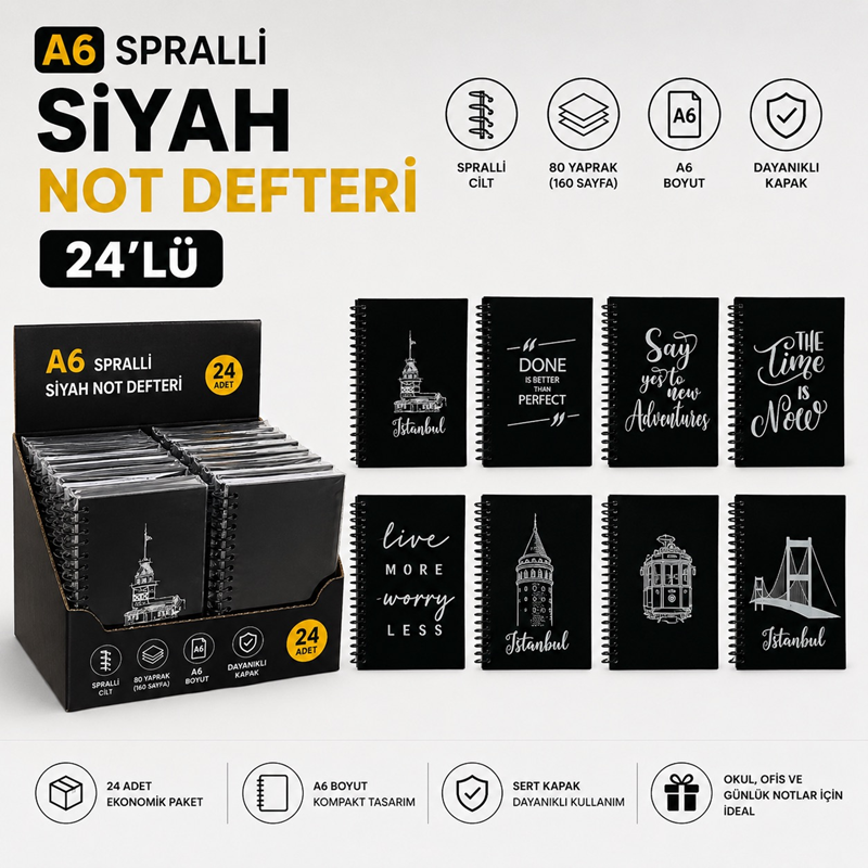 A6 Siyah Spralli Not Defteri 24'Lü