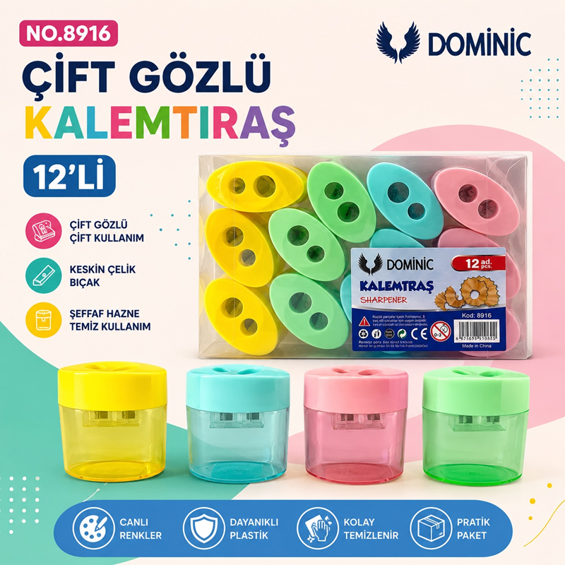 Dominic 8916 Çift Gözlü Kalemtıraş 12'Li