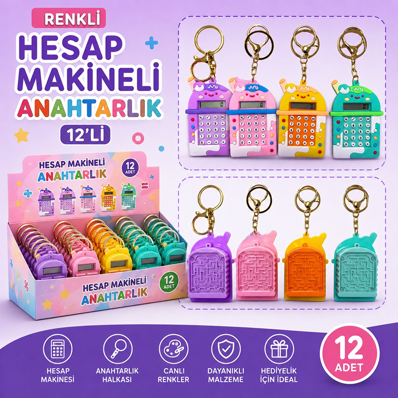 Renkli Hesap Makineli Anahtarlık 12'Li