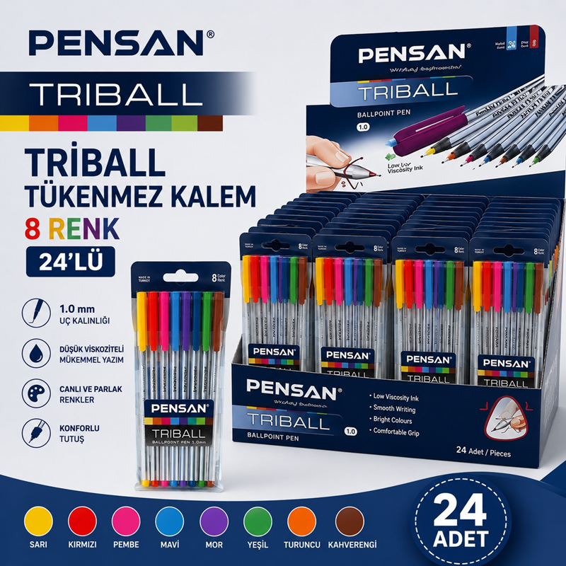 Pensan Triball Tükenmez Kalem Vakumlu 8 Renk 24'Lü Stand