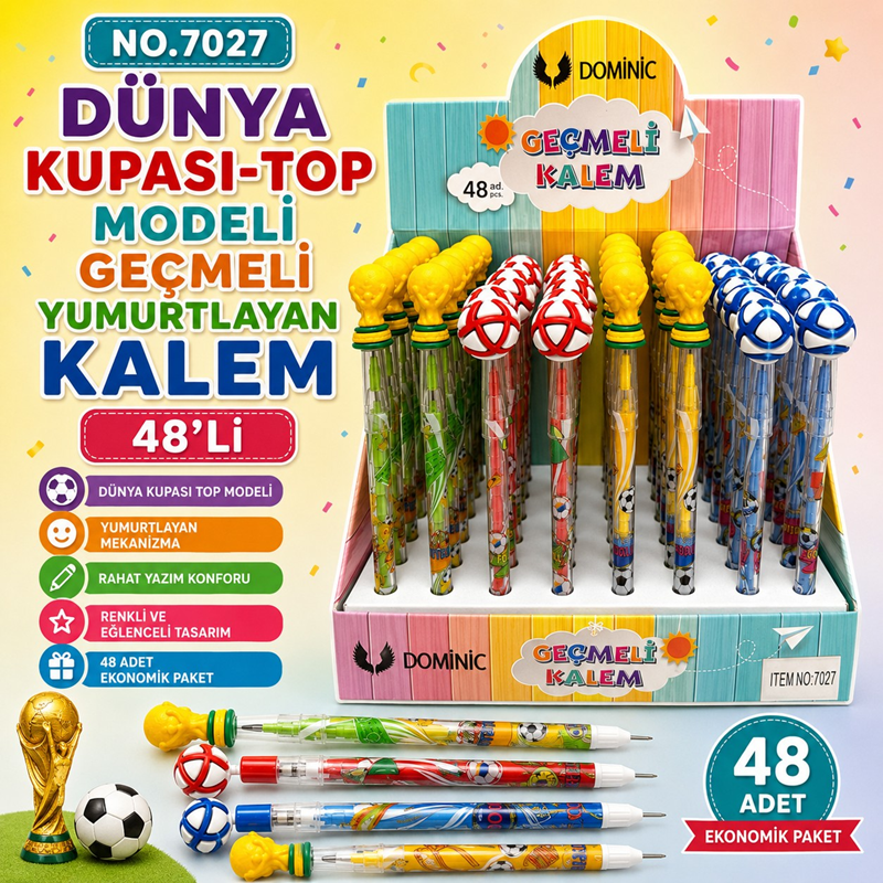 No.7027 Dünya Kupası / Renkli Top Modeli Geçmeli Yumurtlayan Kalem 48'Li Paket