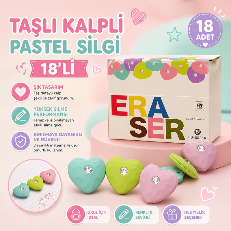 Kalpli Taşlı Pastel Renkler Silgi 18'Li Paket