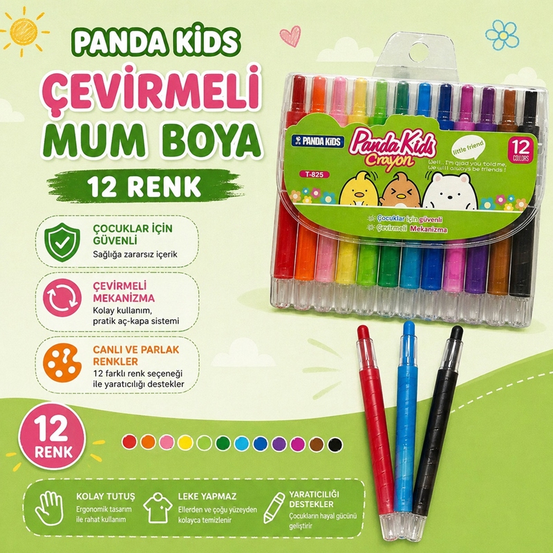 Panda Kids Çevirmeli Mum Boya 12 Renk