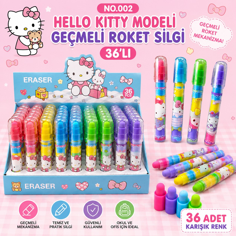 No.002 Hello Kitty Modeli Yumurtlayan Geçmeli Silgi 36'Lı Paket