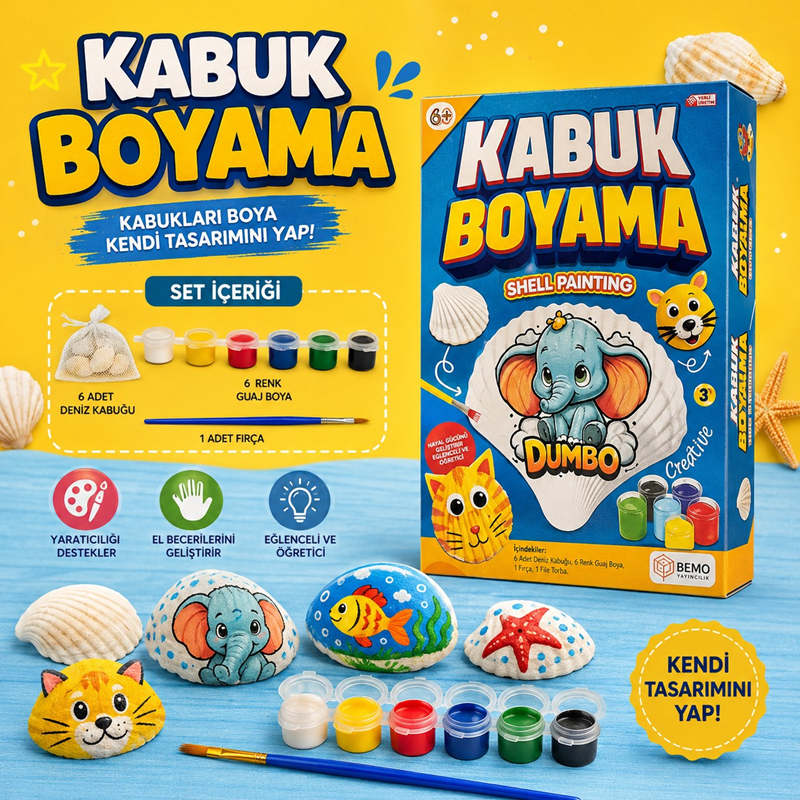 Kabuk Boyama Seti Kutulu (6 Renk 5 Ml Akrilik Boya , 1 Adet Fırça , Karışık Deniz Kabuğu)