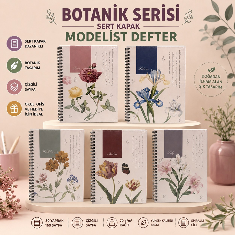 Dilman / Botanik Serisi Sert Kapak Defter 16*22 Cm 80 Yaprak Çizgili